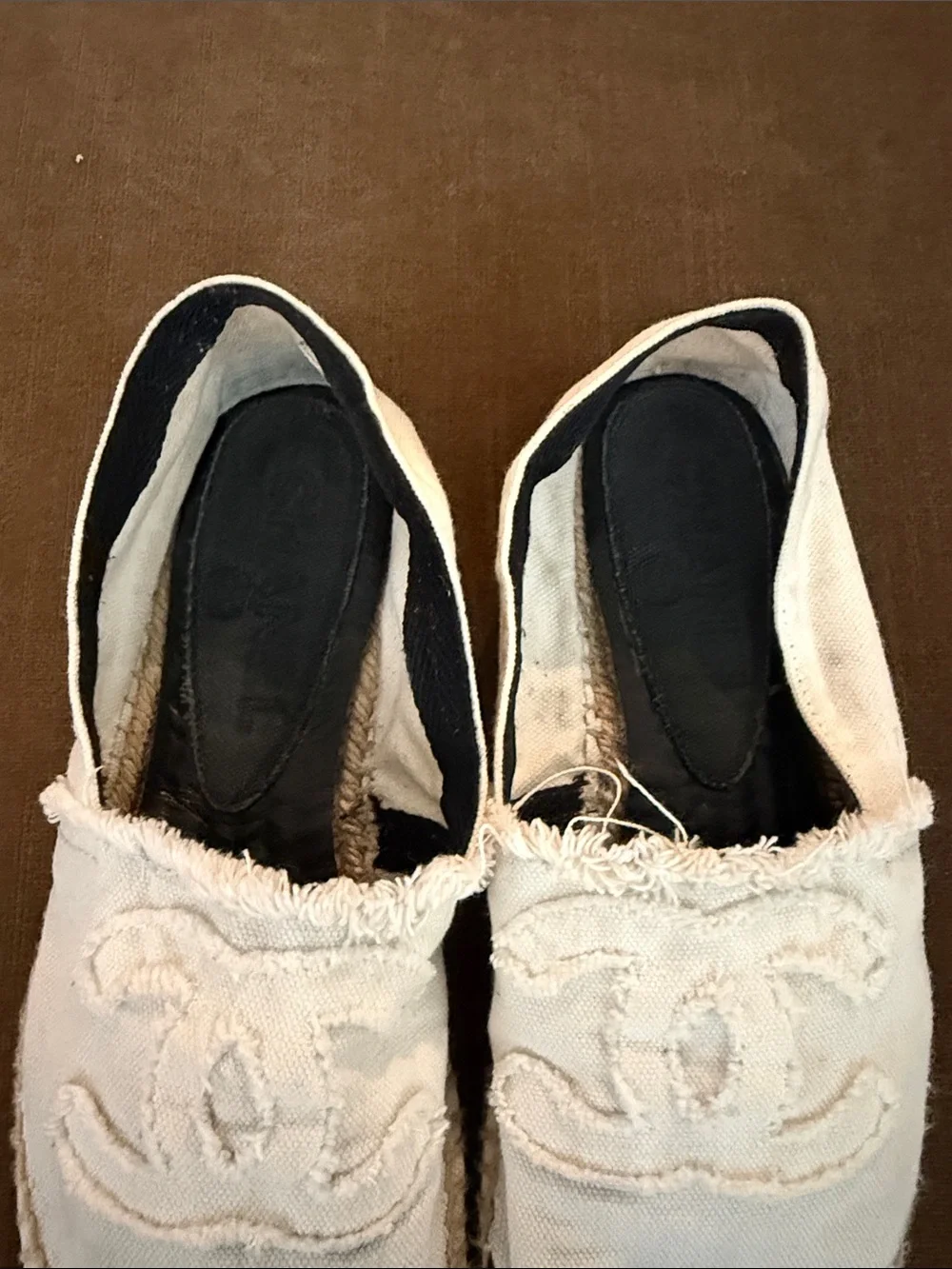 CHANEL White Canvas Espadrilles with Black Cap Toe and CC Logo